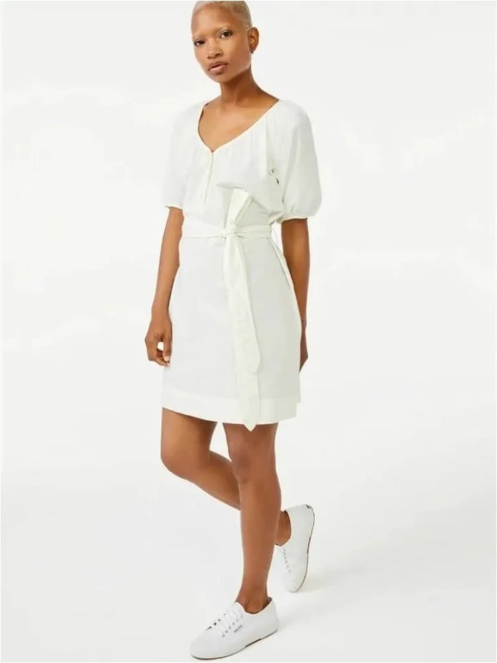 Free Assembly Soft Cream Short Sleeve Cotton Chemise with Tie Waist